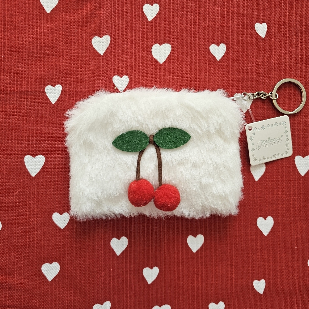 Furry White Cherry Keychain Mini Pouch